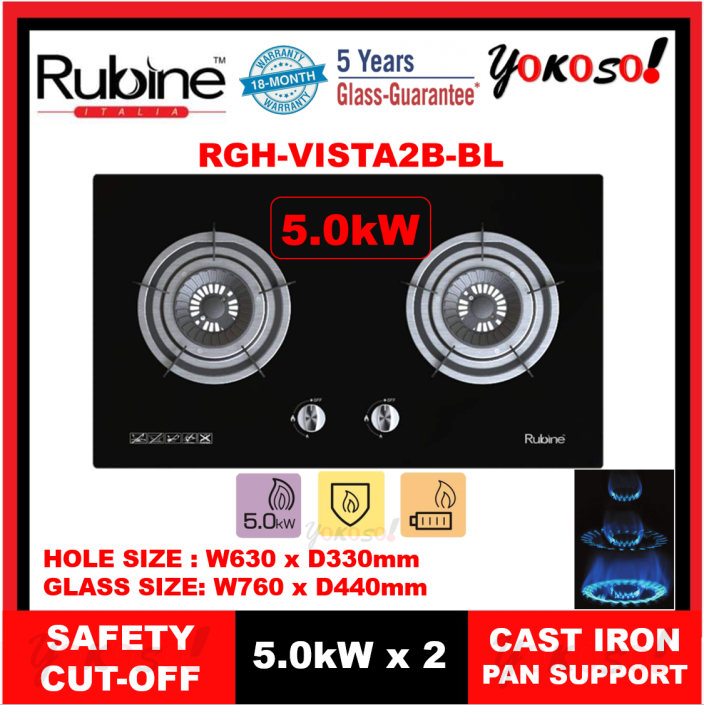 Rubine RGHVISTA2BBL BuiltIn Gas Hob 2 Burner 5.0kW Tempered Glass