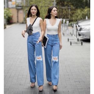 NouraFashion Celana Panjang Kulot Jeans Highwaist Sobek Long Bf Ishika Loose Jeans / Laurent Highwaist Loose Jeans