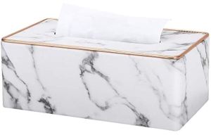 Fashion Tissue Box Cover Rectangle PU Leather Facial Tissue Holder White Marble Leather Gold Edge with Embedded Bottom [Local Seller]