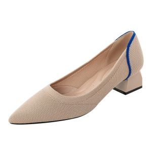 Ladies Black High Heels Pointed Toe Shallow Mouth Thick Heel Shoes Trendy Knitted Shoes Large Size Womens Shoes