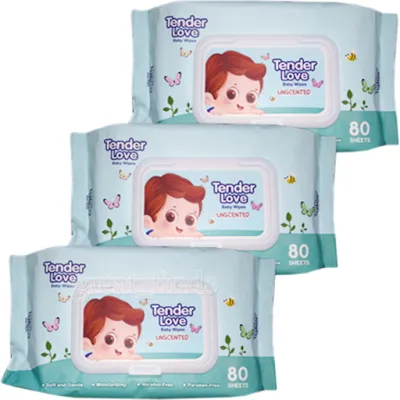 Set of 3 NEW Tender Love Cleansing Wipes with Lid Cover Unscented 80s (240 Sheets)