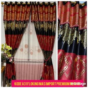 Gorden Jendela Pintu bahan FlokingMas Premium Mewah model poni gabung tinggi 225cm smokring 6 gelombang kode a30