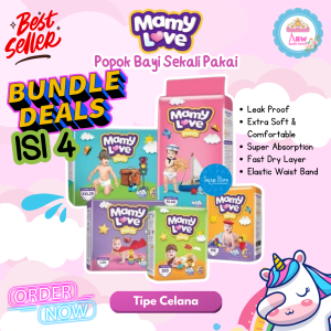 Mamy Love BUNDLE ISI 4 Baby Diapers Pants / Popok Bayi Celana Extra Soft & Fast Dry Ready All Size