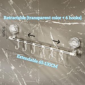 Adjustable Wall-Mounted Suction Cup Towel Rack Extendable 65-130CM Stainless Steel 6 Hooks No Drilling Required