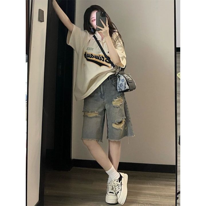 ins Plus size ripped five-point pants for women Korean style summer