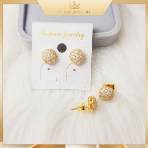 Bộ Dây Chuyền Nữ Mặt Bán Cầu Kèm Khuyên Tai Bán Cầu Đính Đá Dạng Gài Vòng Cổ Dây Mì Hạt Cao Cấp Titan Xi Mã Vàng B22MHTC | Berry Jewelry