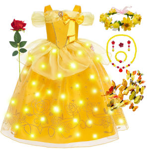 Belle Princess Cosplay Dress Girl Yellow Floral Off Shoulder Mesh Kid LED Light Halloween Costume Beauty Birthday Surprise Gift