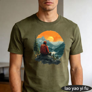 [Local Stock] HBESTY  Hiker Sitting Sunset Mountain Graphic T Shirt Men Olive Tee Serene Landscape Print Top Summer Trekking Rest Casual Wear