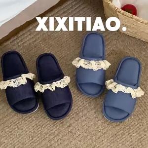 XIXITIAO รองเท้านุ่มในบ้านสำหรับผู้หญิงพื้นรองเท้าฤดูร้อนขอบโครเชต์หวานสบายเหมาะสำหรับทุกฤดู