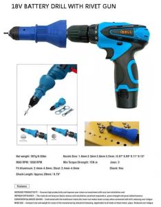 18V NiCd cordless drill 2 Batteries complete with Super Riveting set tool for home DIY
