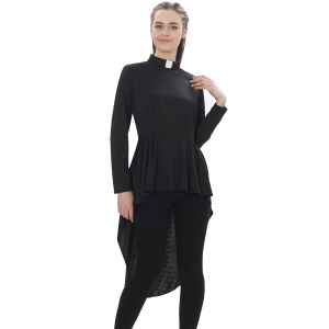 Womens Clergy Shirt Long Sleeve Asymmetrical Ministers Blouse High Low Tops Ruffle