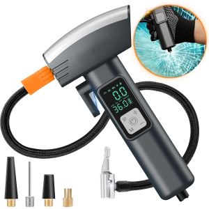 6 in 1 Cordless Tire Inflator for Car 150 PSI Rechargeable Car Tyre Inflator with LCD Pressure Display LED Light Safety Hammer Seat Belt Cutter Phone Charger Compact Emergency Car Tool