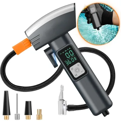 6 in 1 Cordless Tire Inflator for Car 150 PSI Rechargeable Car Tyre Inflator with LCD Pressure Display LED Light Safety Hammer Seat Belt Cutter Phone Charger Compact Emergency Car Tool