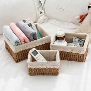 SG RumahHome® Nordic Hand-Woven Rattan Basket Desktop Storage Box Sundries Organizer for Home Bedroom Clothing Cosmetics