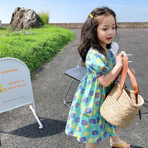 เดรสลายดอก  แขนพองเปิดหลัง  ชุดเด็กผู้หญิงเด็ก น่ารักดอกไม้ กระโปรงเจ้าหญิง ชุดเดรสแขนสั้น