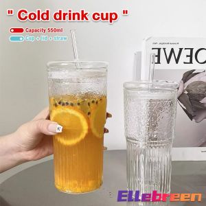 Elle 550ml Creative Glass Water Cup with Straw and Lid Juice Milk Tea Coffee Cold Drink Mug