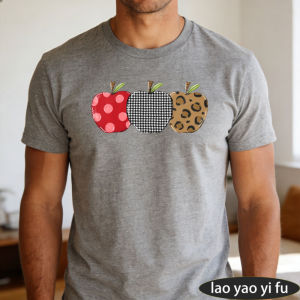 [Local Stock] HBESTY  Leopard Gingham Polka Dot Apple Trio Graphic Men Summer Cotton T Shirt Teacher Fall Fruit Pattern Short Sleeve Daily Top