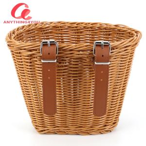 Braided Bicycle Basket with Leather Straps Hand-Woven Small Bicycle Basket Waterproofing Bicycle Imitation Wicker Basket