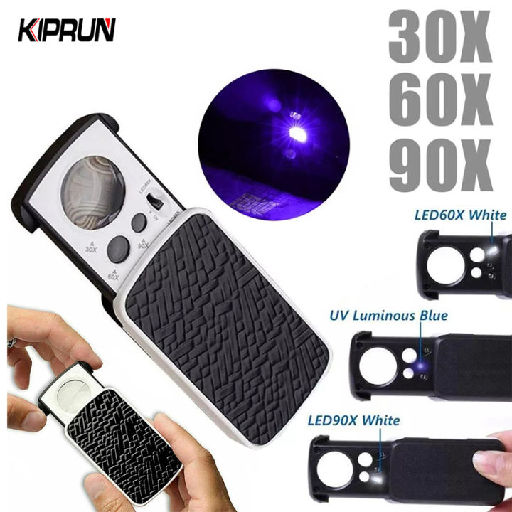 KIPRUN Magnifying Glass 30X 60X 90X Magnifier Jewelry Appraisal Reading High Magnification Acrylic Optical Lens Loupe With LED UV