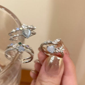 Lovelylife🔥 Set Cincin Terbuka Zirkon Cahaya Bulan Hati Biru Laut Cincin Jari Telunjuk Ceruk Mewah Ringan Wanita