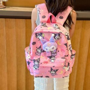 CRNGW Canvas Kuromi Backpack Plush Doll Kitty Cat Children School Bag Creative Melody Cartoon Shoulders Bag Children