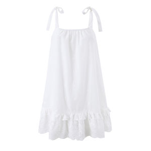 Bohemian White Embroidery Flower Tide Bow Spaghetti Strap Dress Woman Wood Ears Ruffles Hem Swing Loose Swing Mini Dresses Robe2026