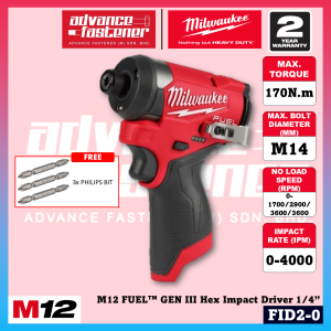Milwaukee FID2-251B / FID2-0 M12 FUEL™ GEN III Hex Impact Driver 1/4”