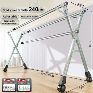 ORDNEVO 2/3/5 Rail Foldable Stainless Clothes Rack Laundry Drying Rack Indoor Outdoor Windproof