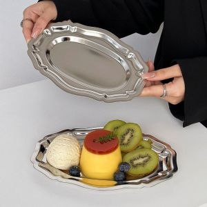 BAGUO(霸果) Vintage Mirror Face Cake Tray Irregular Shape Stainless Steel Embossed Dessert Plate Versatile Household Stainless Steel Storage Plate Home Decoration