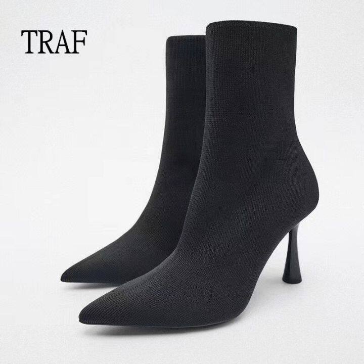 TRAF Black Boots Women Stretch Ankle Boots Woman Winter 2022 Ankle ...