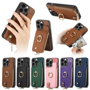 Zipper Vertical Cards Slot Ring Holder Wallet Case For iPhone 15 Pro Max 14 Plus 13 12 11 XS X XR 7 8 SE 2022 Cover Purse Cover