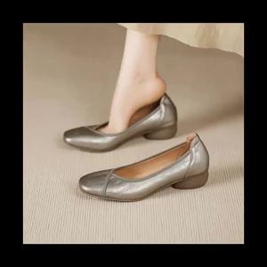 WomenS Shoes 2025 New Spring And Autumn Slip-On Shoes Fashionable Gray Shallow Thick Heel Soft Sole WomenS Mid-Heel Single Shoes