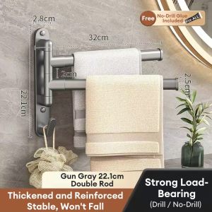 SPACEMADER 180° Rotating Wall Mounted Towel Rack Carbon Steel 4 Arm Swivel Towel Holder Bathroom Organizer Space Saving Hanger with Bottom Hook