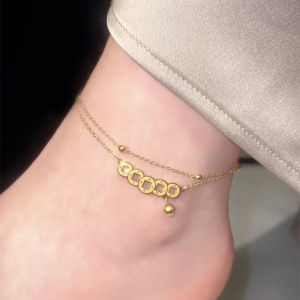 S925银双层铜钱脚链女款 小众设计复古国风精致足链礼物 S925 Silver Double Copper Anklet for Women Niche Design Retro Style Exquisite Foot Chain Gift