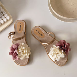 New Summer Outerwear Style Slippers French Flat Flat Flower One line Drag Roman Beach Shoes Womens Sandals Outdoor Slippers
