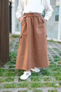 Rok Cargo Katun Twill tebal Anak Perempua Usia 5-15 Tahun Pinggang Tinggi Motif Polos Warna Solid