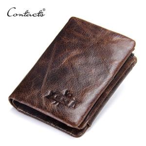 CONTACTS Men Wallets Genuine Leather Vintage Short Wallet Man Slim Card Holder Luxury Brand Male Small Coin Purse Portefeuille