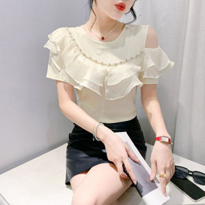 YIMEI Beautiful cotton womens contrasting T-shirt popular summer design in 2024 with a unique and unique ruffled edge off the shoulder top