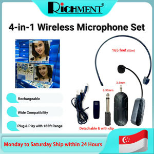 RICHMENT 4 In 1 Wireless Microphone Headset Wireless Lavalier Microphone 2.4G UHF Wireless Headset Mic and Handheld Mic 165FT Range 3.5mm & 6.35mm Jacks Ideal for Teaching Speaker Fitness Yoga PA System Voice Amplifier Training