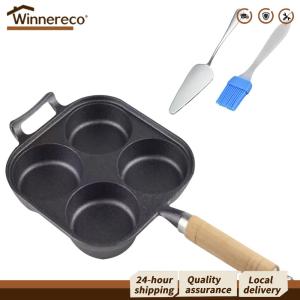 [Winnereco Flagship Mall]Cast Iron 4-Cup Egg and Pancake Pan with Oil Brush Non-Stick Breakfast Cooking Pan for Omelets and Eggs Black