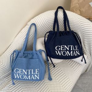 HUIHEYU Thai Gentlewoman Canvas Bag Dumpling Bag Handbag Drawstring Shoulder Bag Simple Letter Tote Bag Gentle Woman Denim Bag Women
