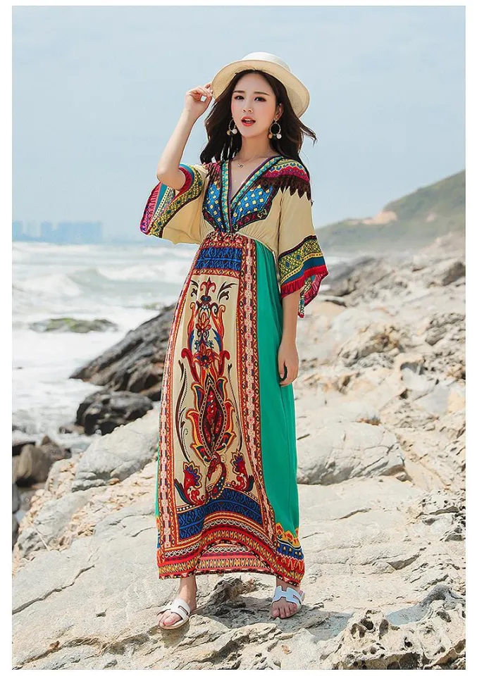 Feternal Ladies Fashion Casual Ethnic Bohemian Printed Vacation Beach Dress  Long Skirt dresses for women 2023 