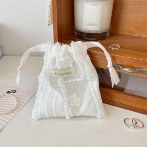 NO4 PANDA Sundries Storage Lace Drawstring Storage Bag Solid Color Small Cloth Bag Cloth Handbag Sweet Portable Cosmetic Bag Female