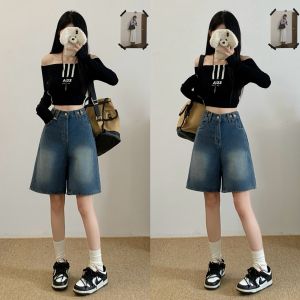 Fomuกางเกงครึ่งขา  ผ้ายีนส์แท้  เอวสม็อคยีนส์ฟอก ปรับกระดุม ตกแต่งเย็บปลายขา  วินเทจ 6356