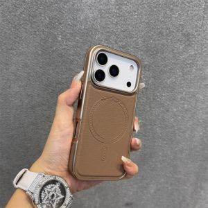 Retro Soft Leather Matte Case for iPhone 15 16 17 Pro Max MagSafe Plating Phone Case Luxury Pu Back Cover Non-slip Gray Carcasas