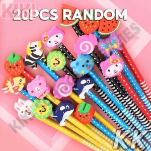 KK 1PC/20PCS/50PCS Pencil With Cute Eraser Primary School Supplies Cartoon Rubber Head Random Pencils Kids Stationary Wholesale Gift