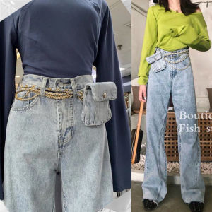 พร้อมส่ง กางเกงยีนส์ขายาวกางเกงยีนส์เอวสูงเซ็กซี่กางเกงยีนส์ขากระบอกกางเกงแขนยาวผู้หญิง สไตล์เกาหลี ยีนวินเทจ
