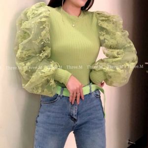 [Basica Moda] 4431 Atasan Top Baju Blouse Wanita Rajut Rib Lengan Full Lace Tidak Tebus Import 01