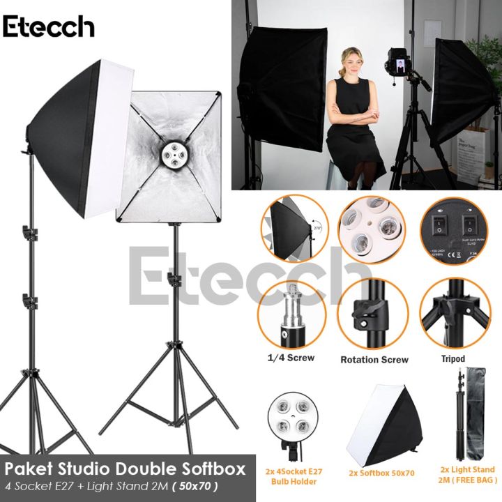 Perlengkapan Konten Double Softbox Socket E27 Plus Tripod Light