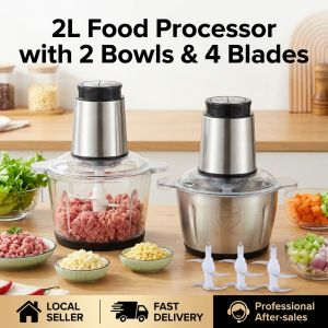 2L Food Processor 300W Electric Food Chopper with 2 Bowls (8 Cup+8 Cup) & 4 Blades& Small Electric Grinder Meat Processor for Nuts Meat Onion Garlic Baby Food Black